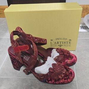 L'ATISTE Burgundy Velvet Heels with Floral Accent